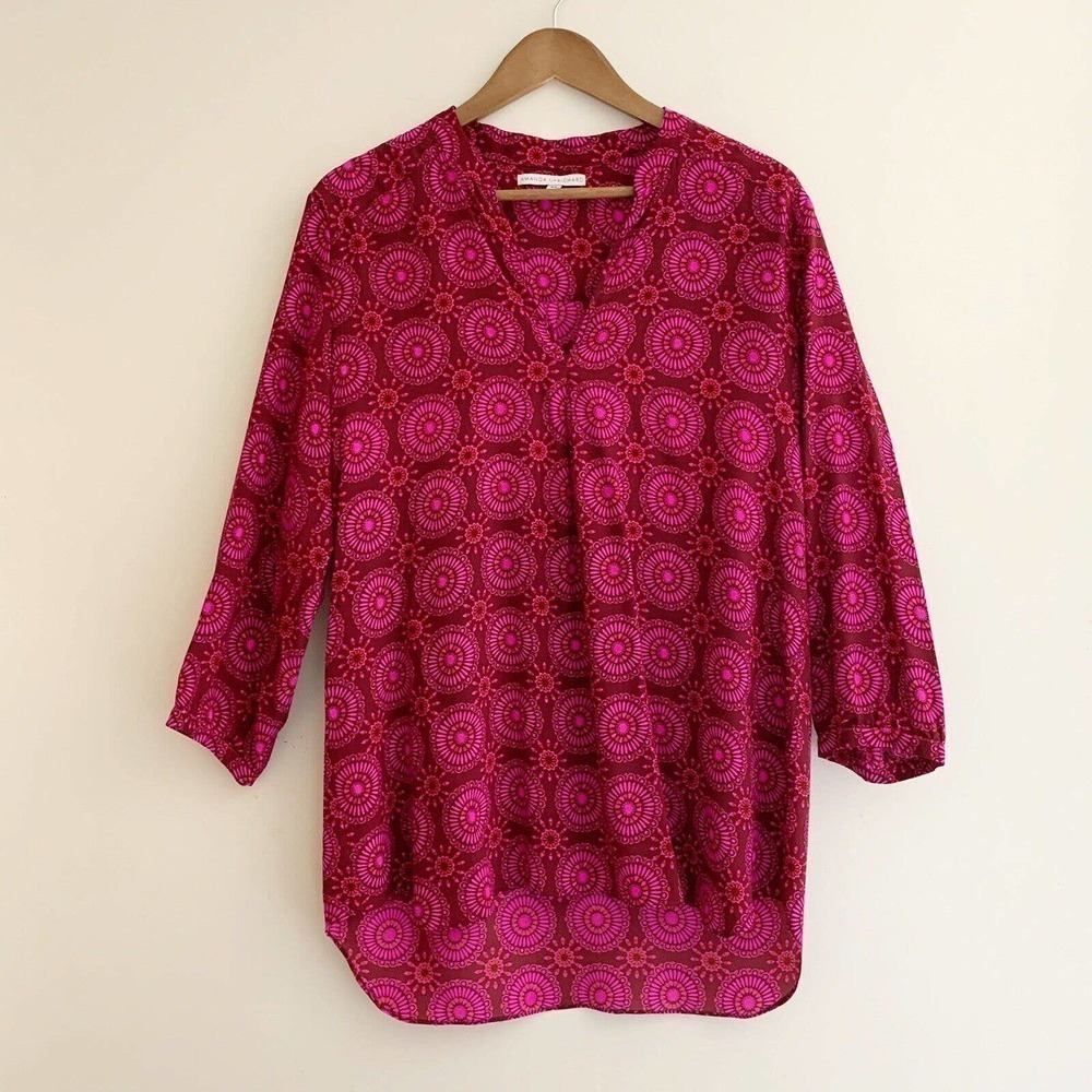 Amanda Uprichard Pink Silk Block Print Tunic Top Medium